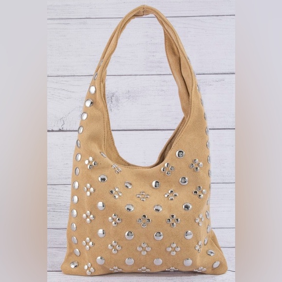 Handbags - Studded Rivets Hobo Shoulder Bag|Khaki